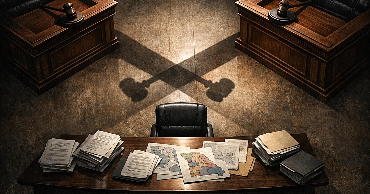 Two opposing judge's benches with intersecting shadows and an empty witness chair between them in a courtroom setting