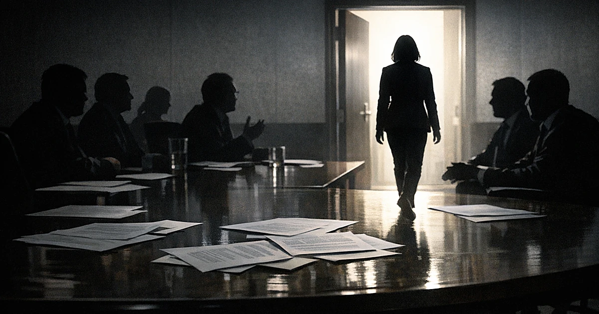 Silhouetted figure leaving a conference room while others remain seated at table in shadows