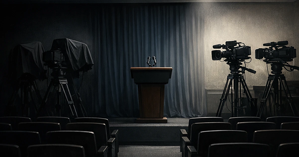 Empty press briefing room with podium and some cameras covered while others remain uncovered, showing division