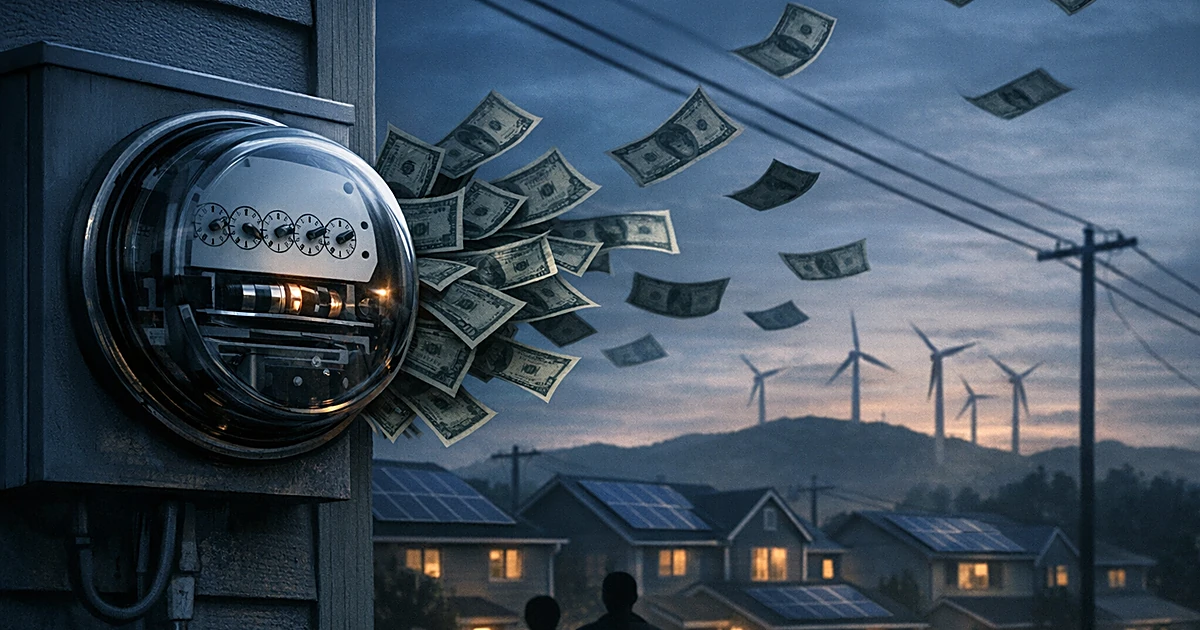 Electricity meter with dollar bills flowing out, solar panels on homes, wind turbines in distance at dusk