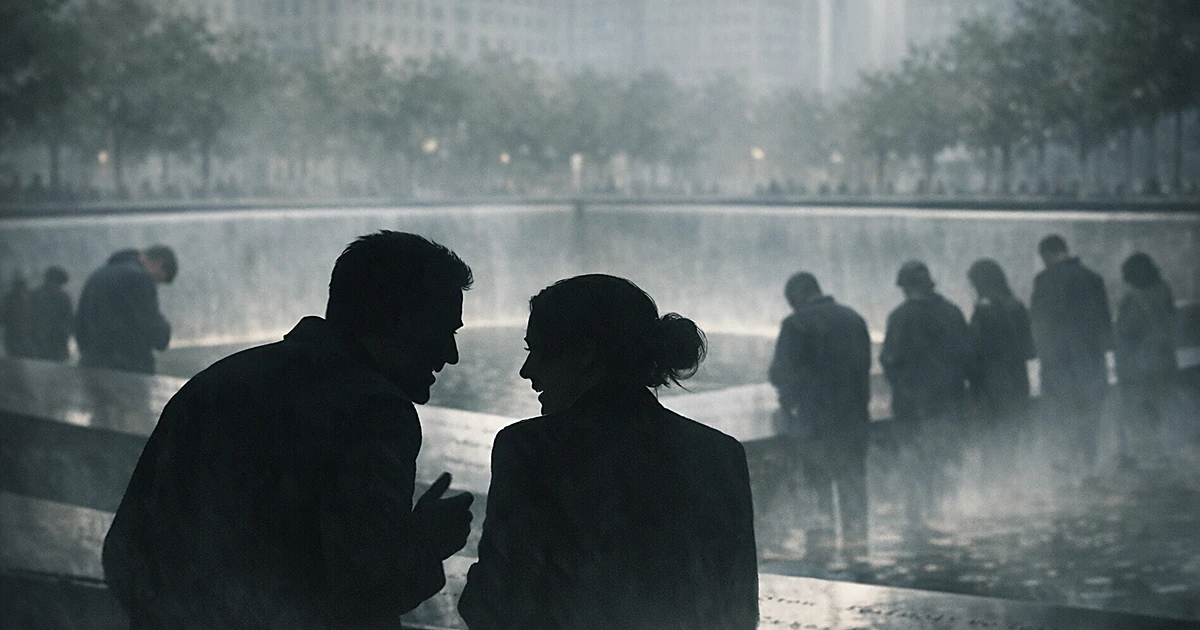Two silhouettes conversing while other figures stand solemnly at memorial pools behind them
