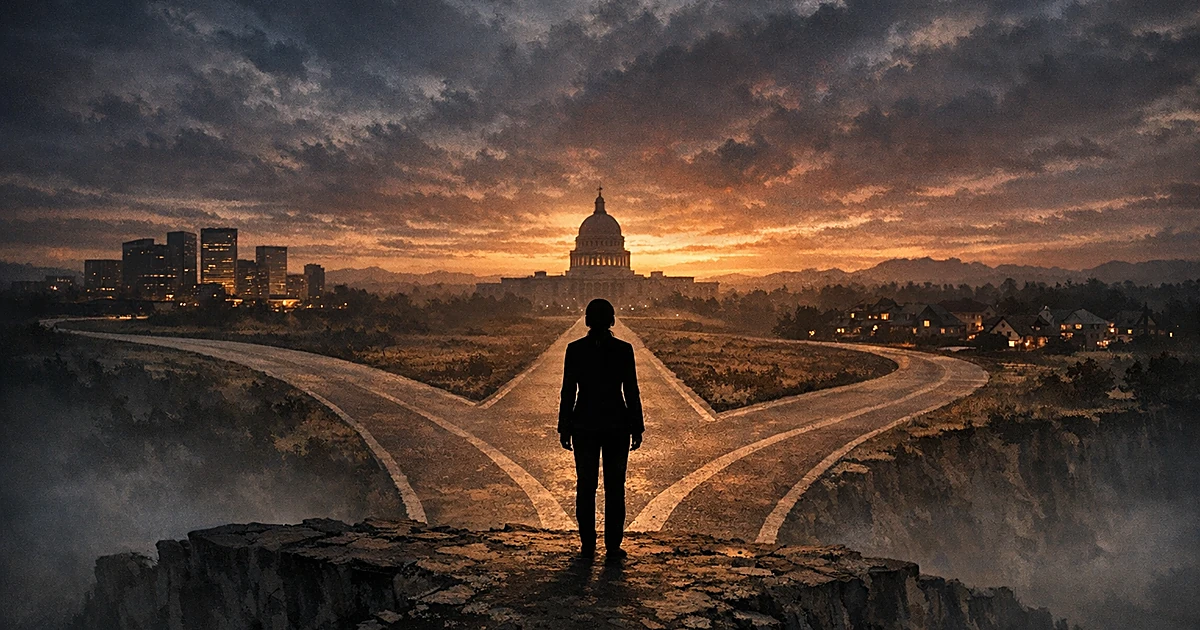 Silhouetted figure at three-way crossroads with paths leading to capitol, offices, and neighborhoods at cliff edge