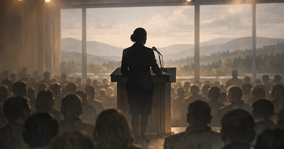 Silhouetted speaker at podium addressing crowd in upstate New York venue with hills visible through windows
