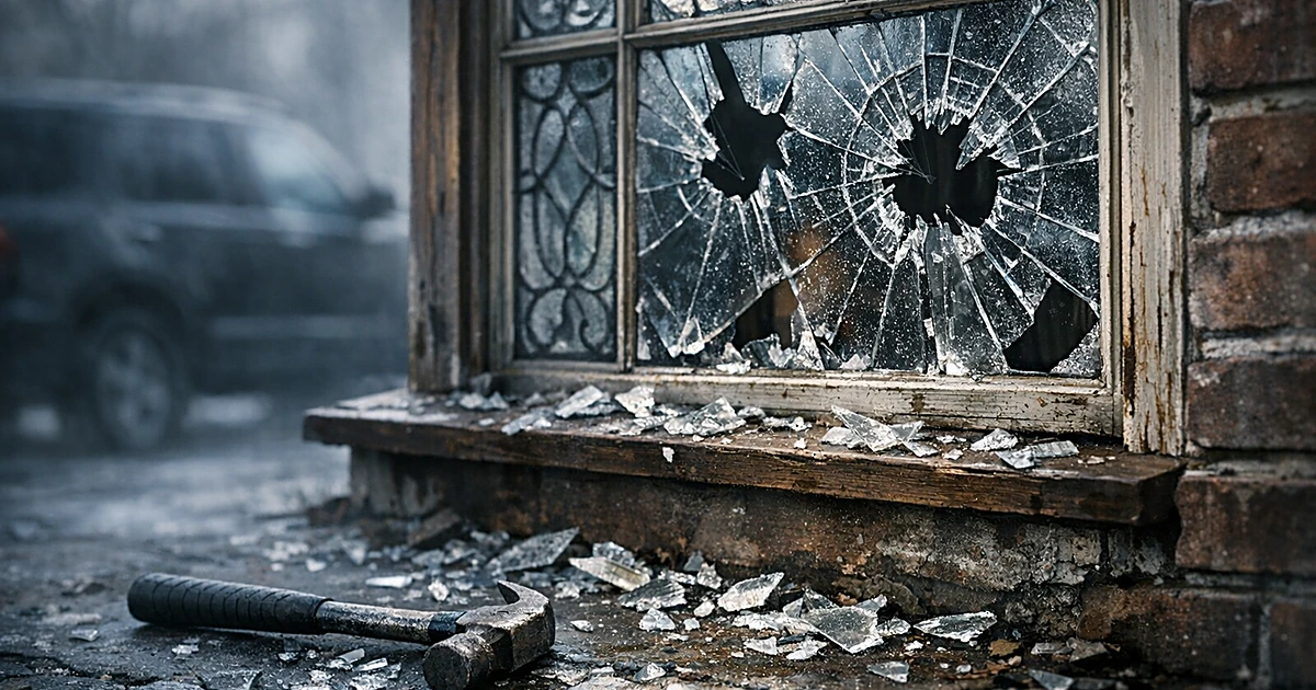 Shattered historic window with broken glass and hammer on ground, dark vehicle silhouette in background