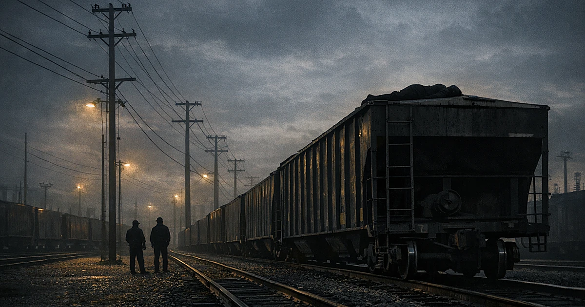 Freight train cars in an empty industrial rail yard at dusk with overcast sky and industrial lighting