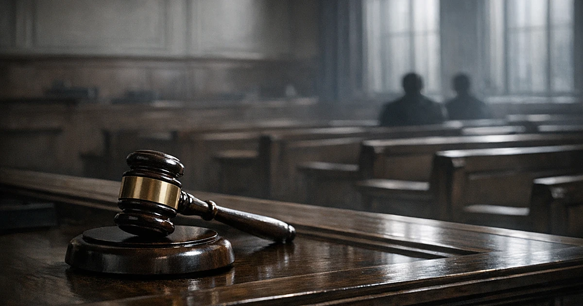 A judge's gavel on a courtroom bench with empty gallery seating in shadows behind it under gray daylight