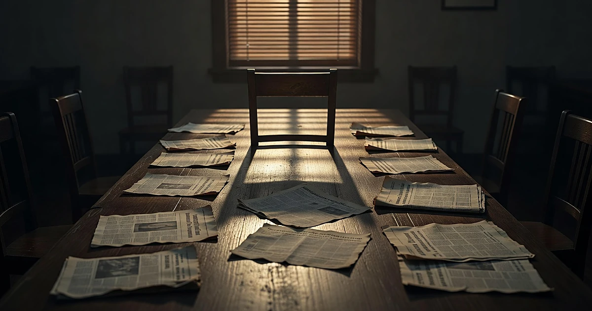 Empty jury room with scattered yellowed newspaper clippings on table, single chair casting shadow in amber light