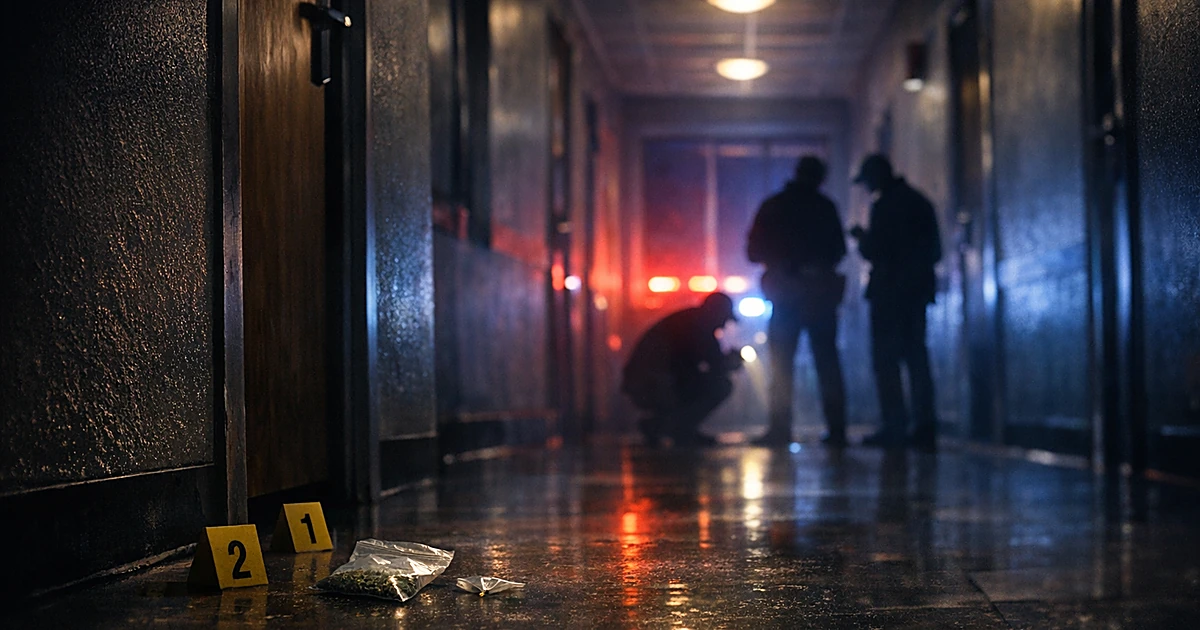 Dark dormitory hallway with emergency lights and evidence markers as silhouetted investigators work in distance