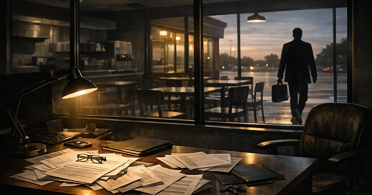 Empty fast-food restaurant interior with scattered legal documents on desk and silhouetted figure walking away