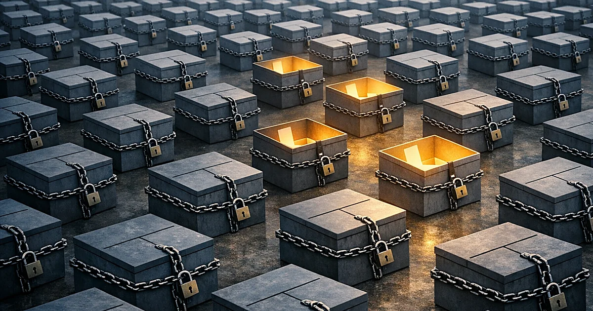 Aerial view of grid showing mostly locked ballot boxes with only few open ones, illustrating limited competitive races