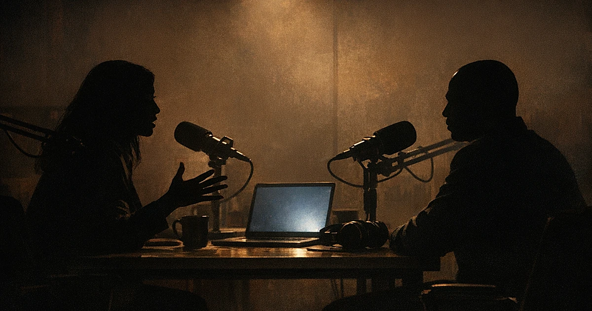 Silhouettes of two people in podcast studio with microphones, one gesturing during what appears to be a heated discussion