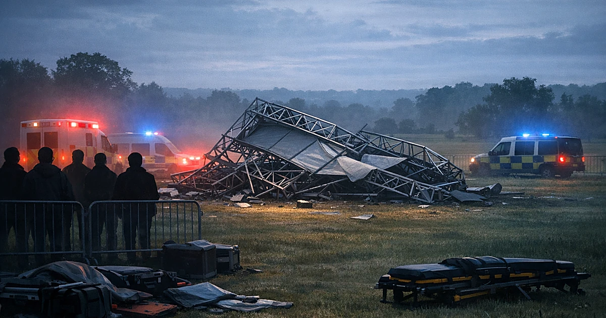Collapsed metal sign structure on grass with emergency vehicles and distant silhouettes at outdoor festival venue