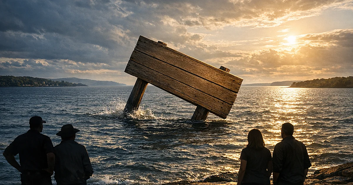 Silhouetted figures on shore viewing a large blank nameplate sign emerging from a vast lake with multiple shorelines
