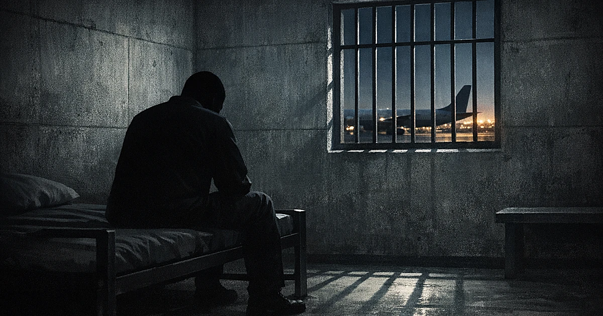 Silhouette of person in detention cell with barred window showing distant airport runway at night