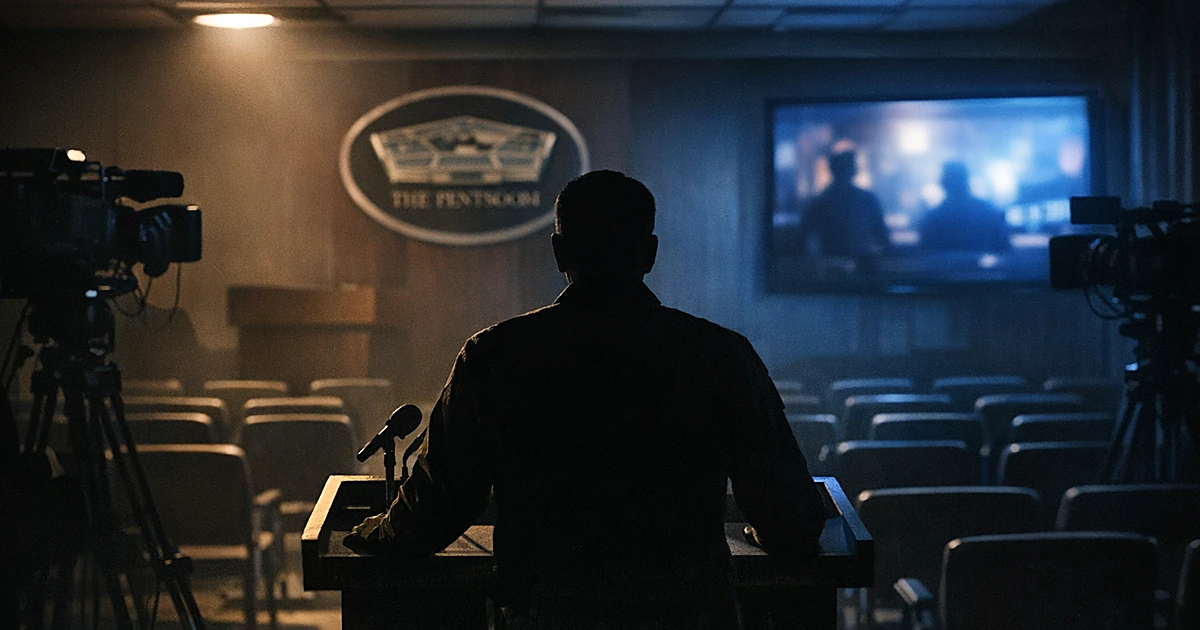 Silhouetted figure at podium in briefing room with cameras and glowing television monitor creating dramatic lighting