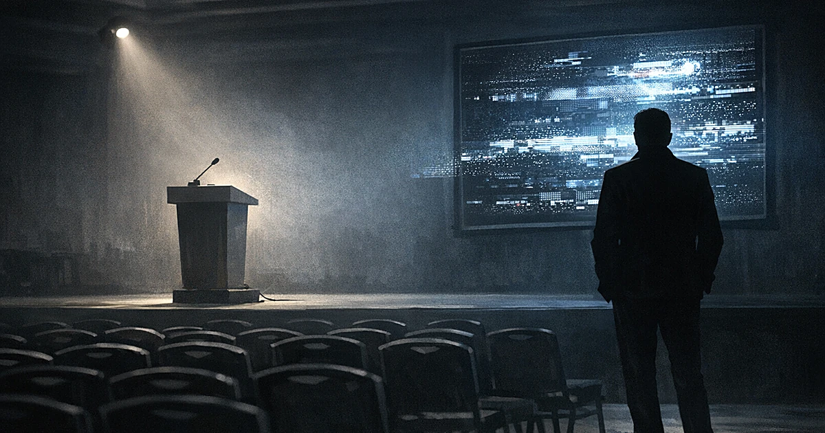 Silhouetted speaker on empty stage with malfunctioning glitching teleprompter screen in darkened conference hall