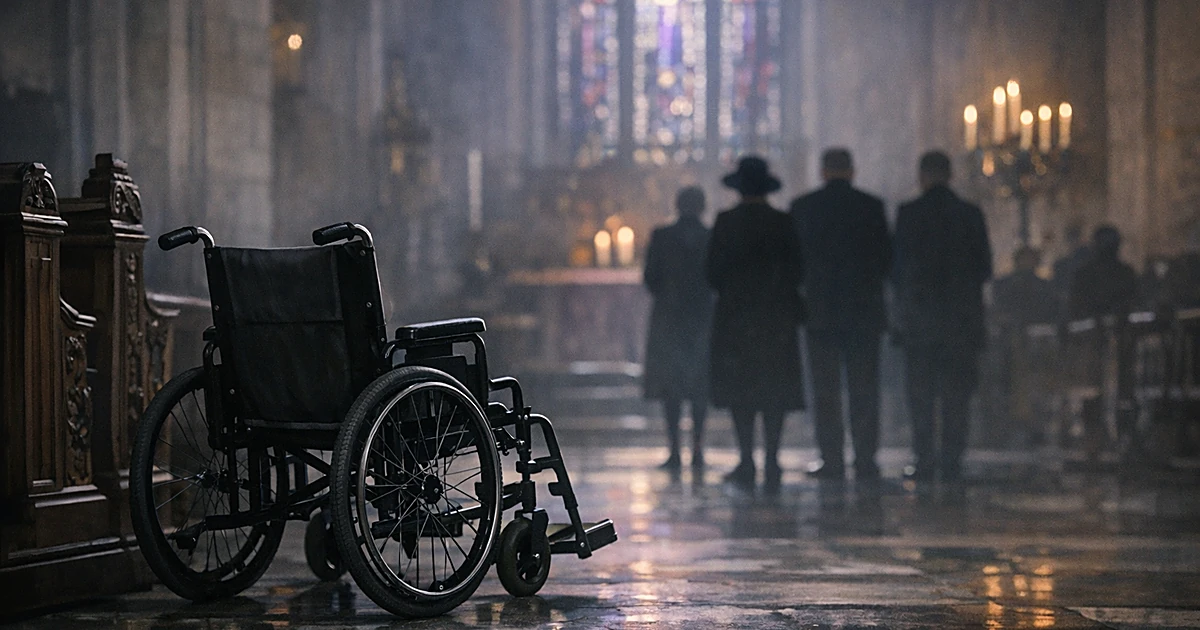 Empty wheelchair in cathedral with silhouetted mourners in background, stained glass light filtering through