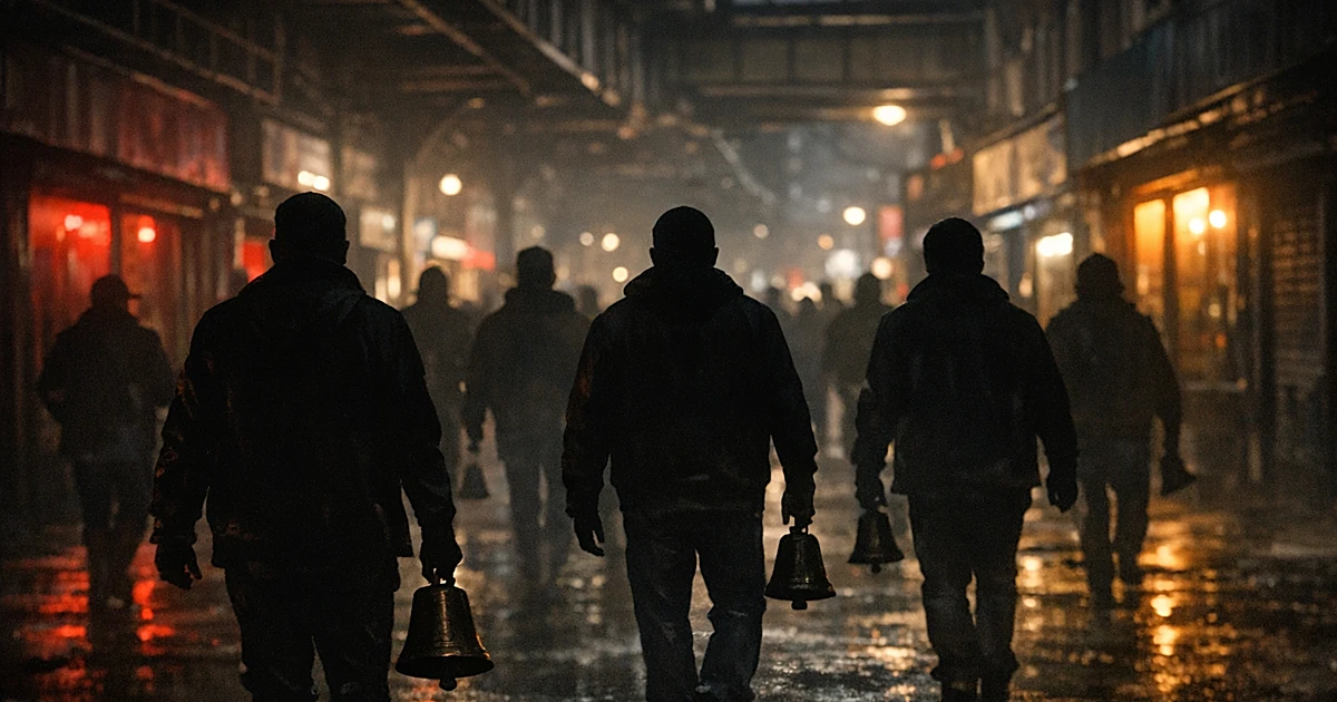 Silhouettes of protesters with bells walking at night along an urban street with storefronts and elevated tracks