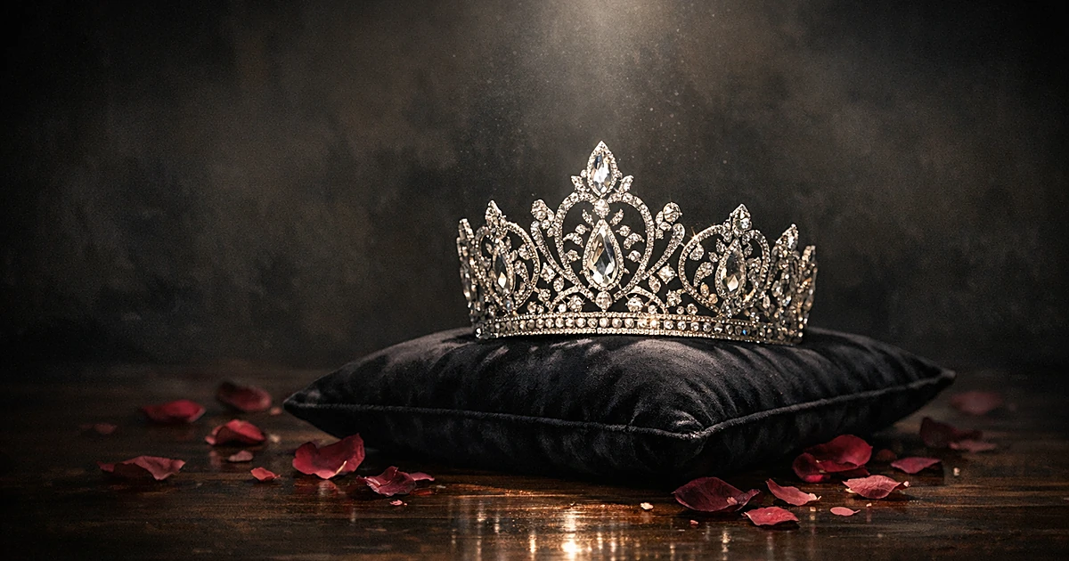 Beauty pageant crown on velvet cushion surrounded by rose petals in dramatic spotlight against dark background