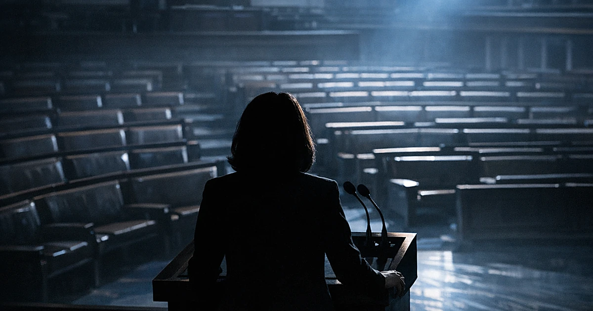 Silhouetted figure at podium facing empty legislative chamber with dramatic lighting and long shadows