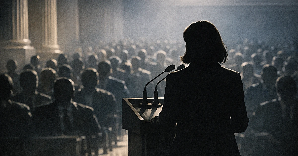 Silhouetted speaker at podium addressing seated audience in dramatic side lighting with columns in background