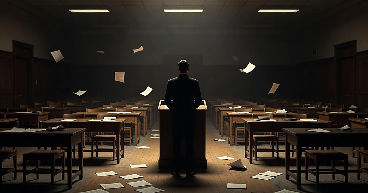 Silhouetted figure at podium in empty government chamber with papers scattered on floor