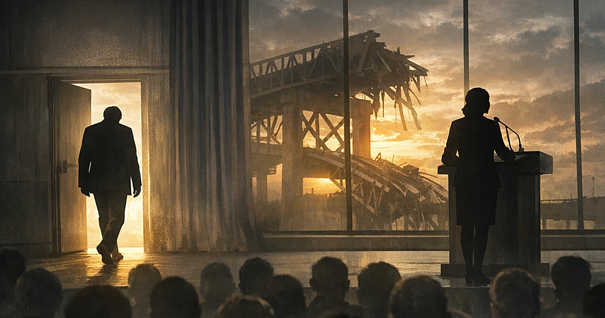 Silhouette leaving stage while another figure takes podium, damaged bridge visible through windows