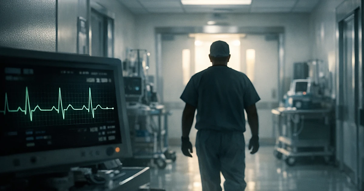 Silhouetted medical professional walking toward operating room doors in hospital corridor with heart monitor visible