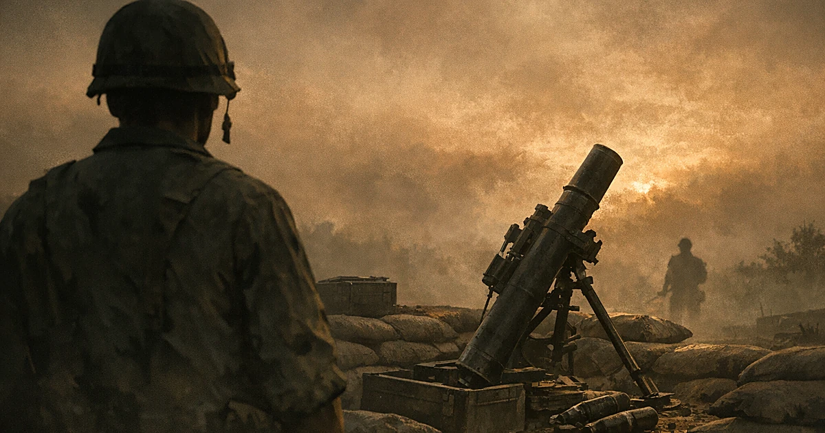 Silhouette of person viewing mortar tube in smoky military setting with sandbags at dusk