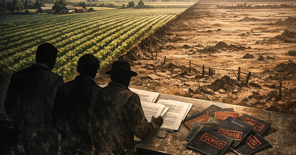 Divided farmland with silhouetted figures examining documents and scattered passports showing visa restrictions