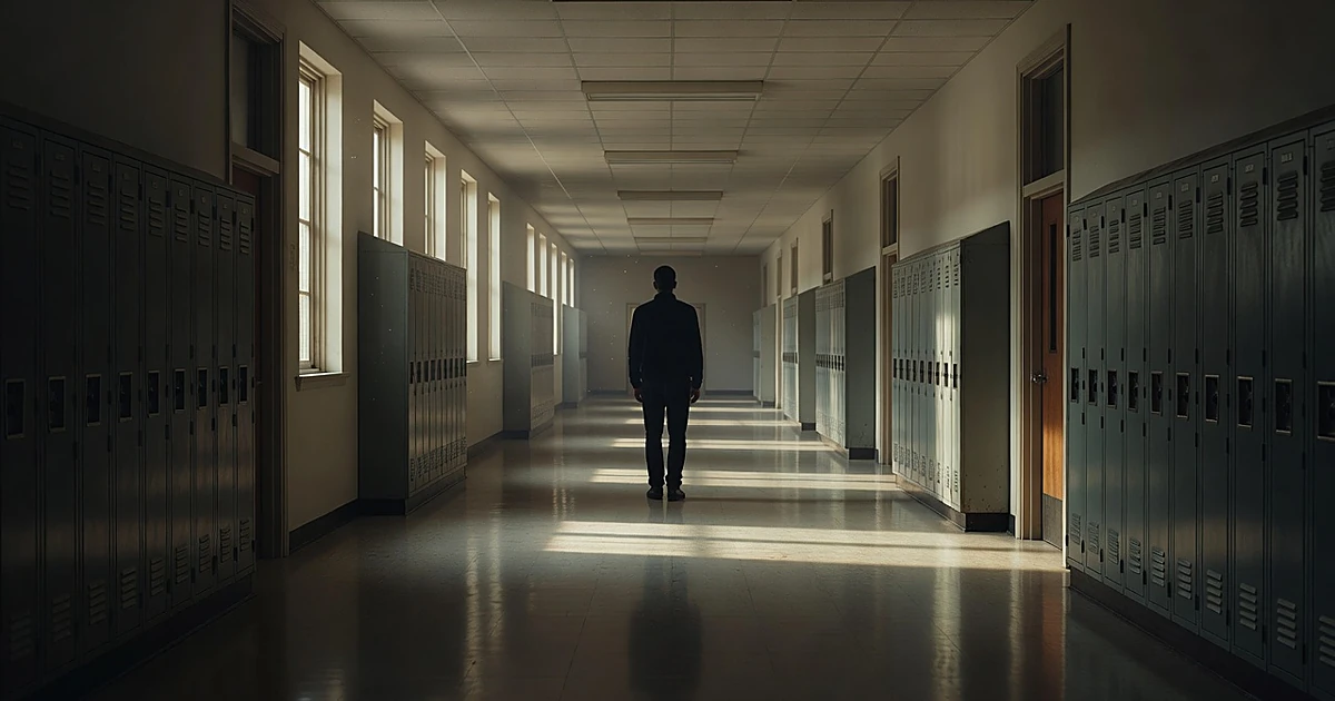 Silhouette of person standing in empty high school hallway with lockers and sunlight streaming through windows