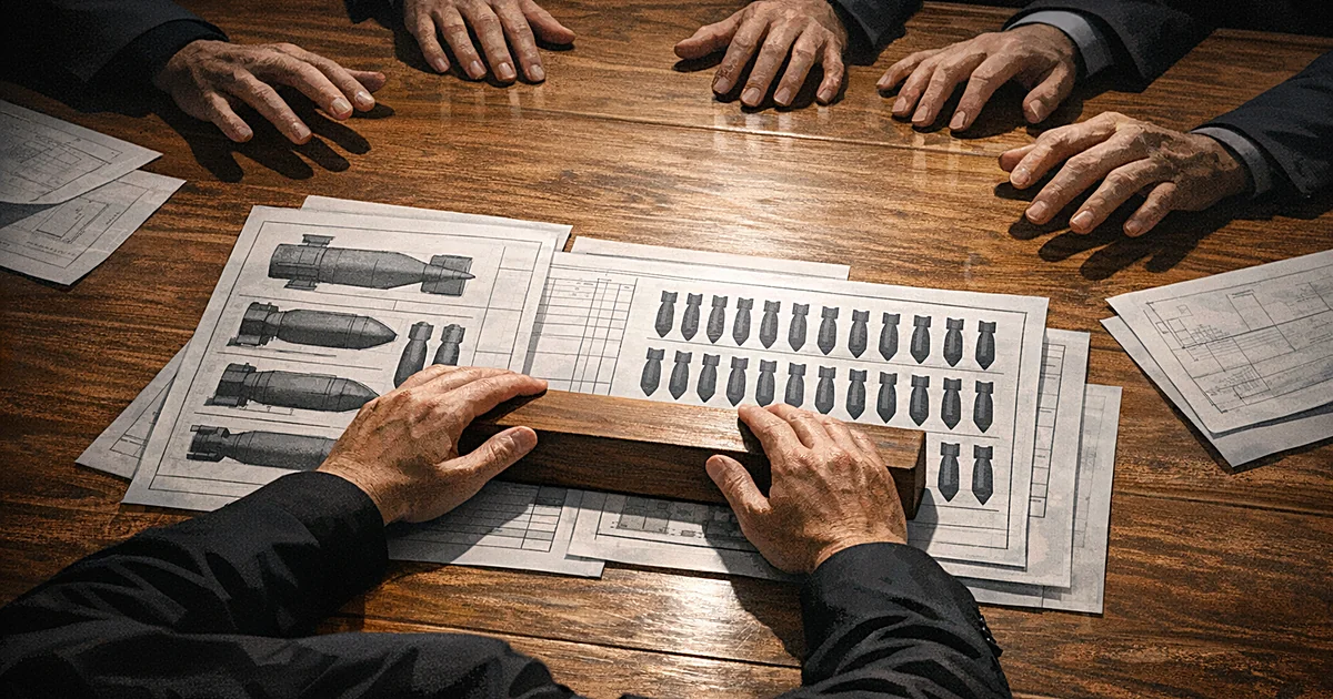 Silhouetted hands placing a block across military weapons documents on a conference table
