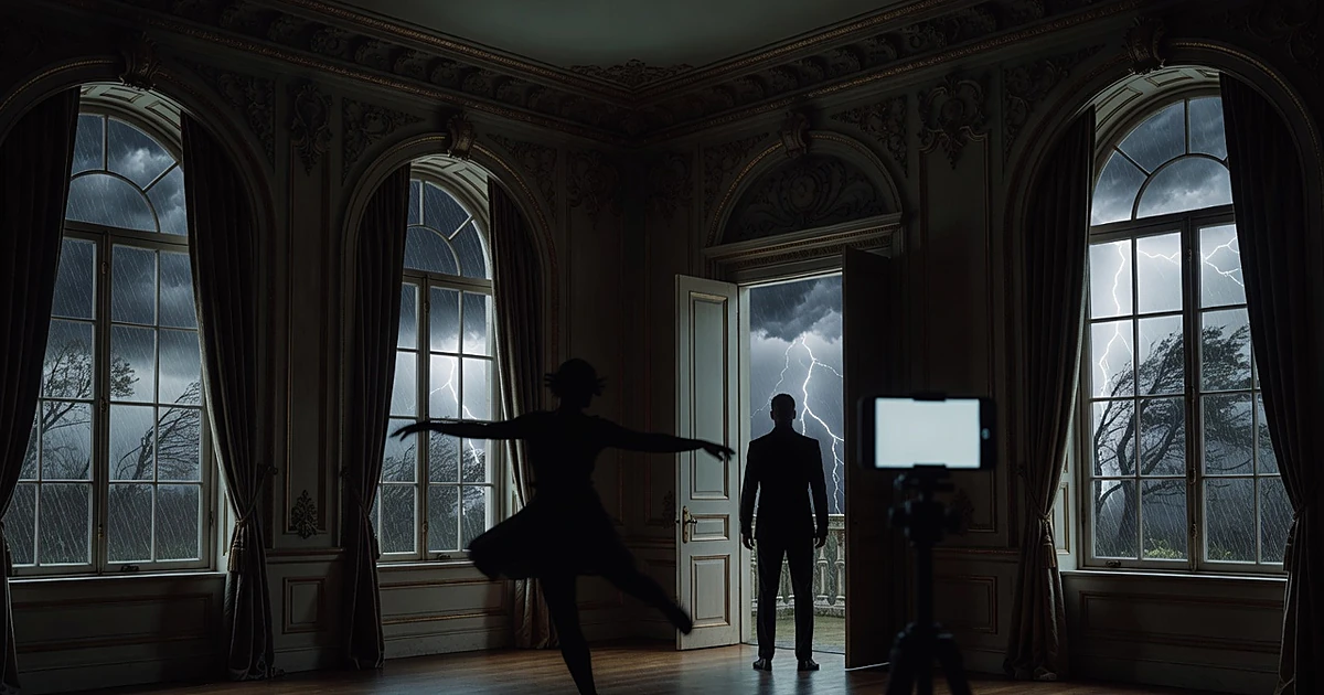 Silhouette dancing in mansion during storm while being filmed, another figure watches from doorway