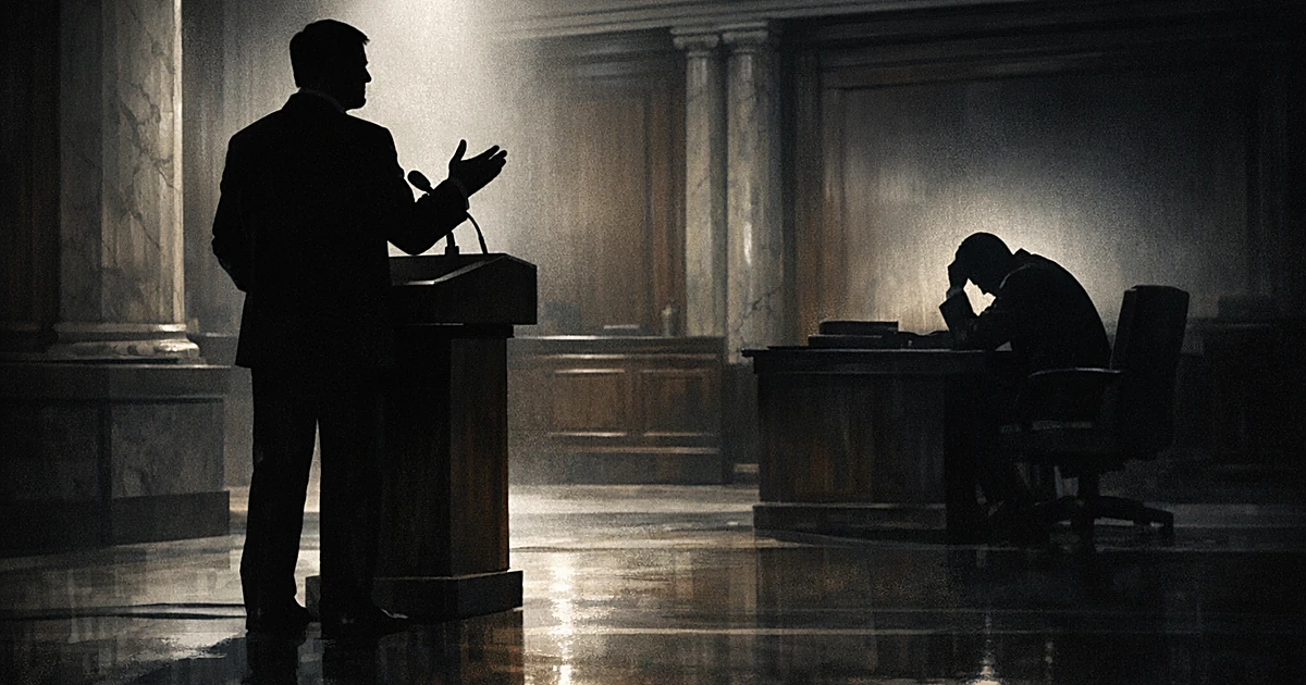 Silhouetted figure at podium with another figure seated in shadows, separated by dramatic lighting in formal setting
