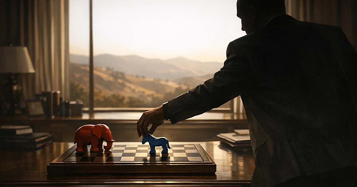 Silhouette placing blue donkey chess piece across board while red elephant piece remains on near side in office