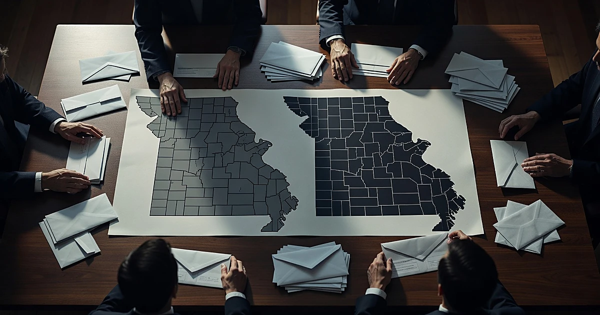 Hands arranging two different Missouri congressional district maps on a table surrounded by ballot envelopes