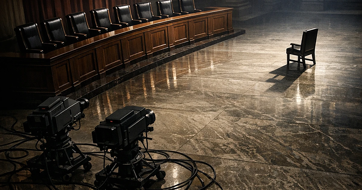 Overhead view of Supreme Court bench with eight chairs grouped together and one isolated, with TV cameras in foreground