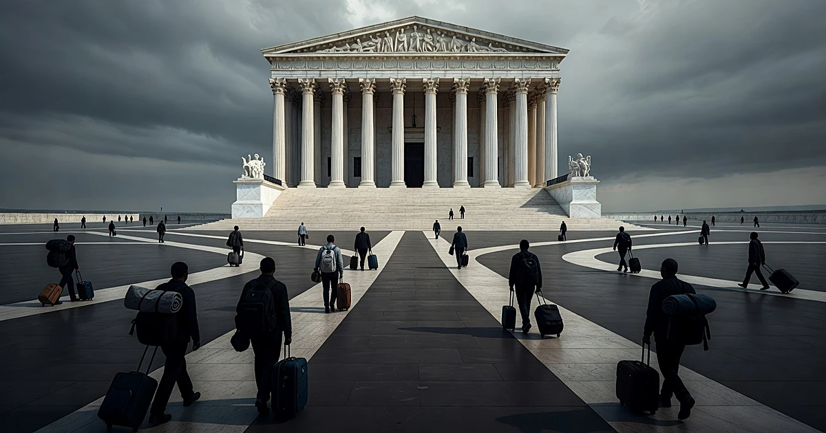 Silhouettes with luggage walking toward diverging paths beneath a courthouse building under overcast skies