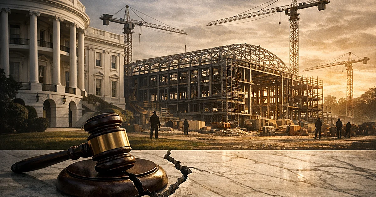 Construction site with ballroom framework, cranes, and scaffolding beside white building, cracked gavel in foreground