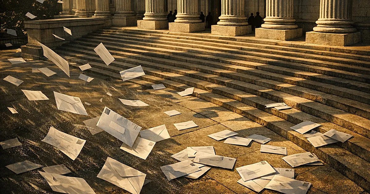 Mail-in ballot envelopes scattered in wind near courthouse steps with columned building casting shadows
