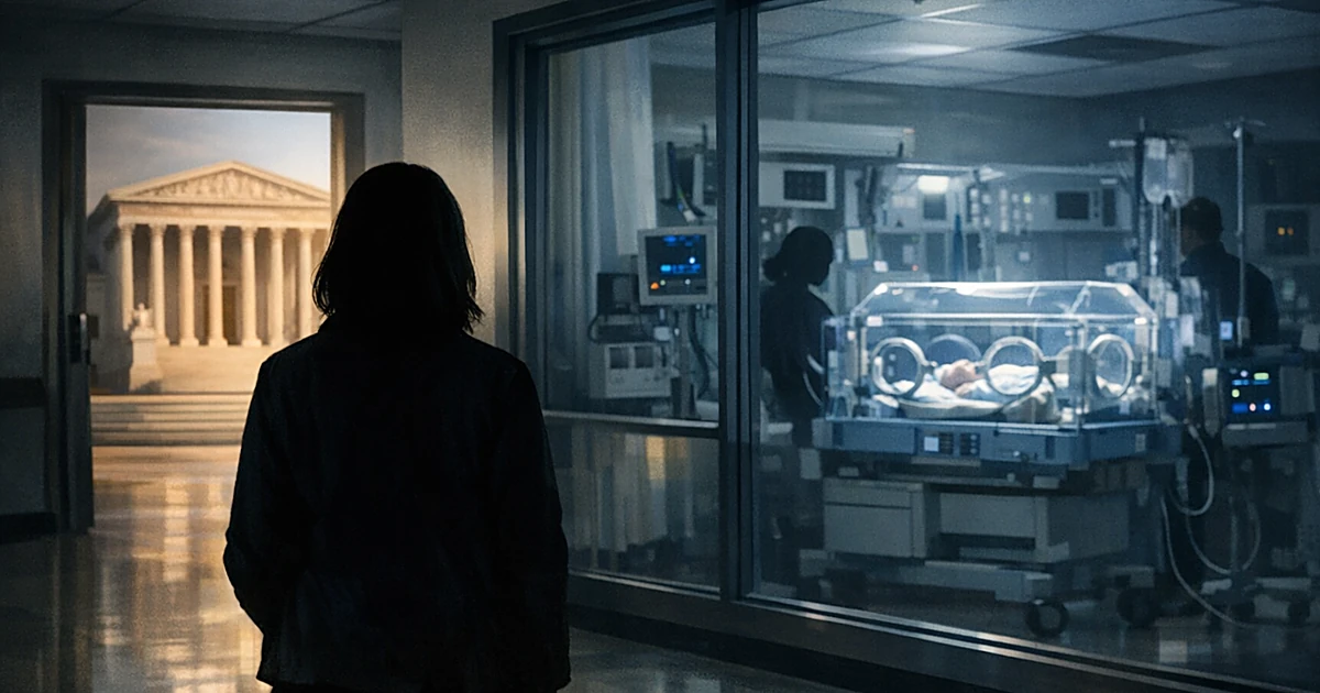 Silhouetted woman in hospital corridor between NICU and distant Supreme Court building