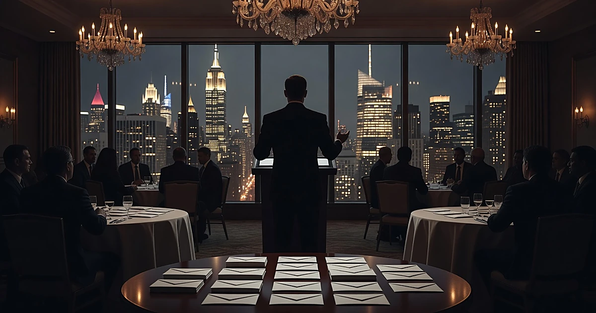 Silhouetted figure at podium in upscale venue with city lights visible through windows and donation materials on table