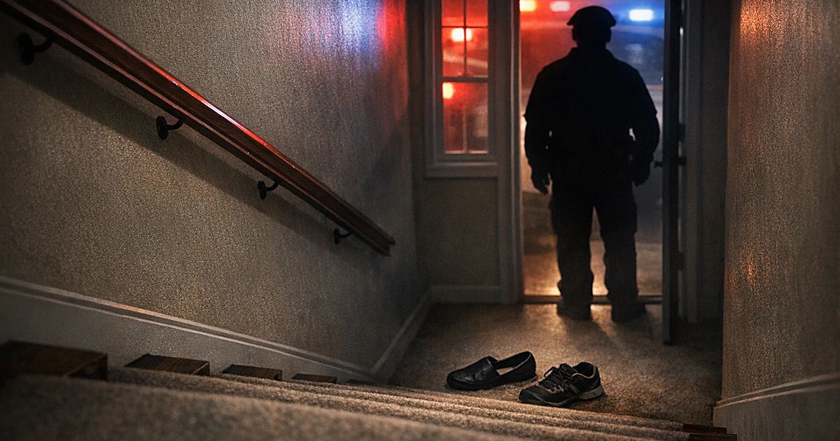 Staircase in townhome interior with emergency lights visible through window and silhouetted first responder