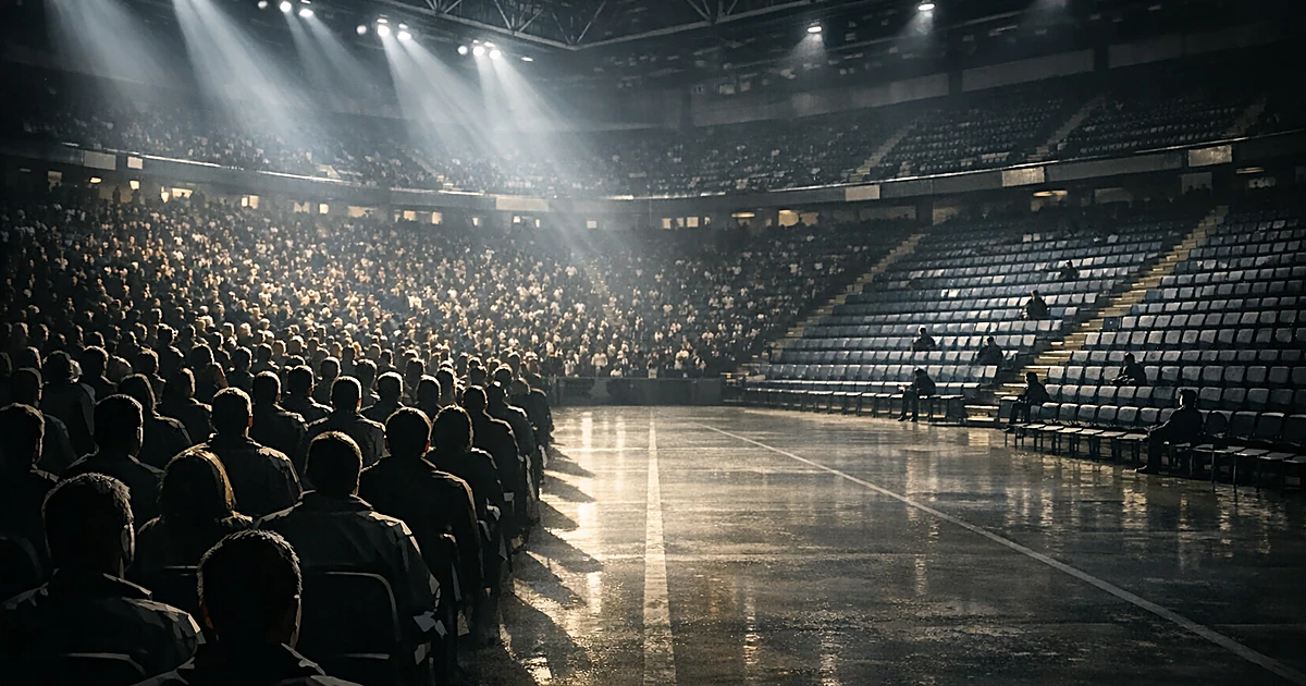 Stadium seating showing one packed section of silhouettes facing another section with many empty seats and sparse attendance