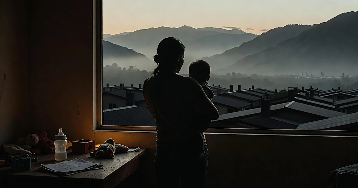 Silhouette of woman with child at window, looking toward distant landscape transitioning from suburbs to mountains