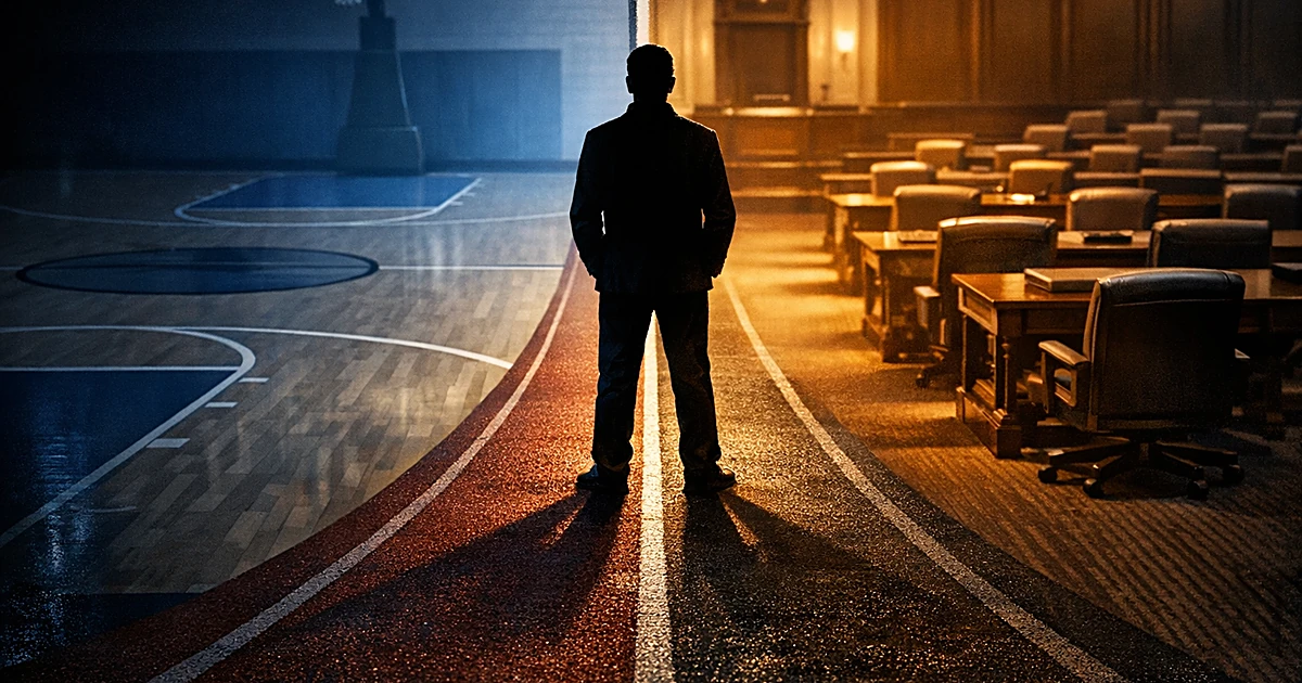 Silhouetted figure at intersection of sports court and legislative chamber, shadow pointing two directions