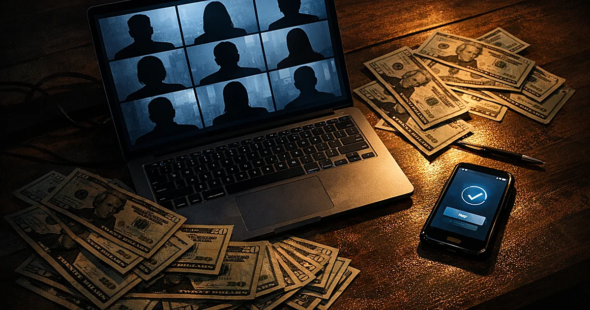 Overhead view of laptop showing video chat grid with money and payment app, illustrating digital payment controversy