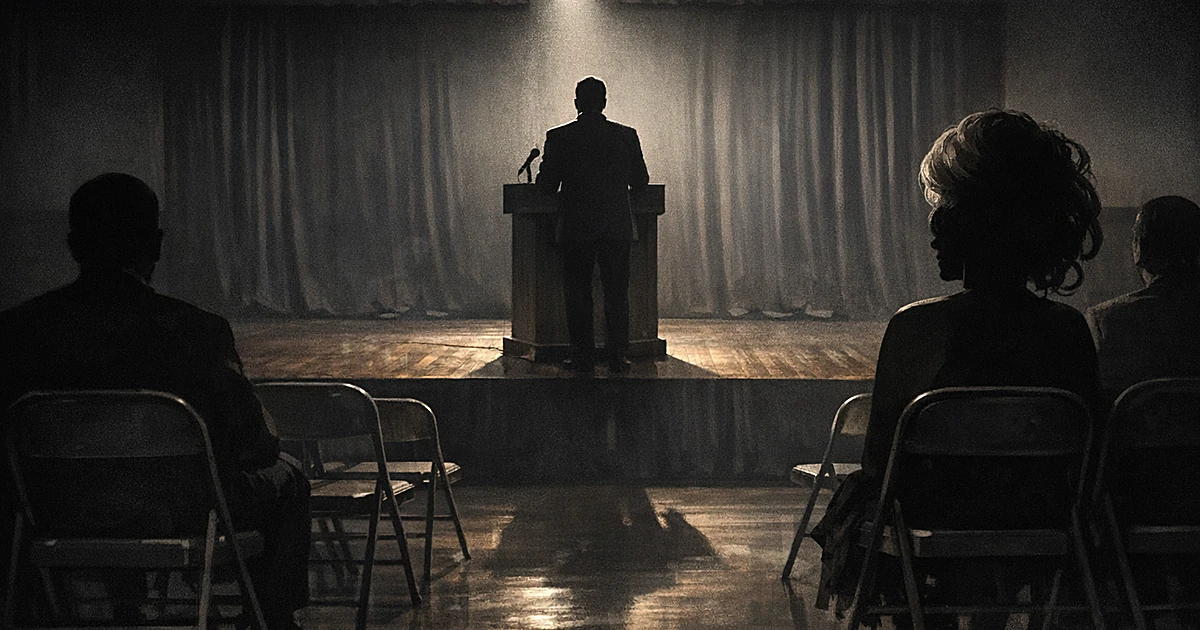Silhouetted figure at podium on stage with empty chairs in foreground at campaign event