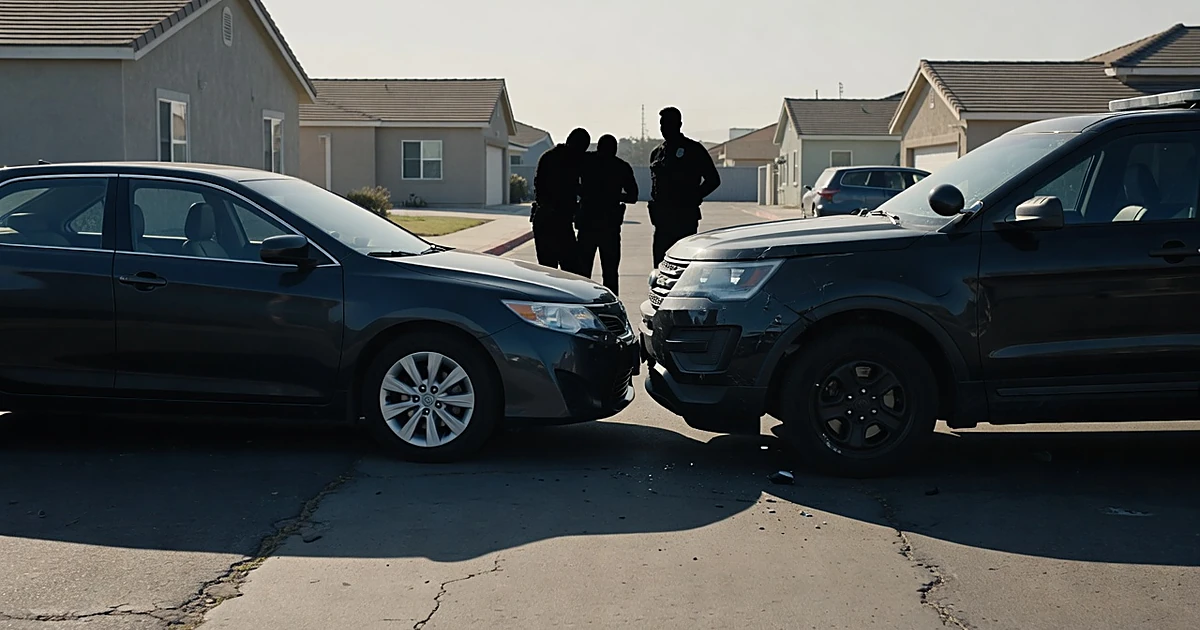 Damaged government vehicle and sedan in parking area with silhouetted figures in background