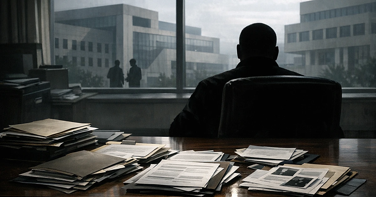 Silhouetted figure at desk with immigration documents in government office with federal buildings visible through window